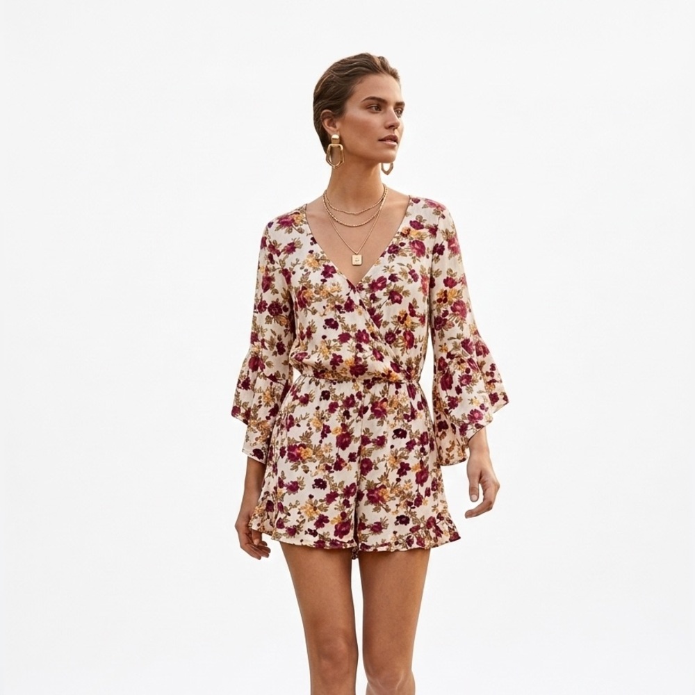 American Eagle Outfitters Bohemian Floral Bell Sleeve Romper.